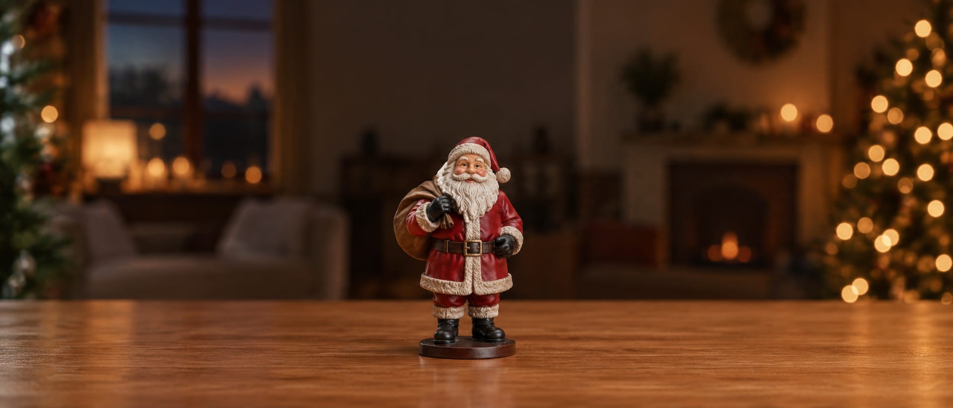 A hand-painted Santa Claus figurine on a wooden table in front of Christmas tree lights