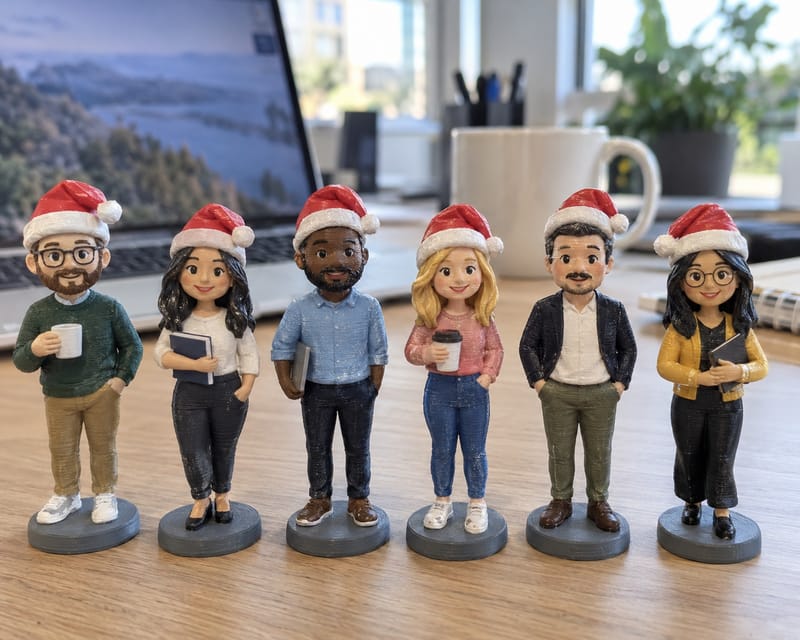 A row of six small hand-painted office staff figurines in Santa hats
